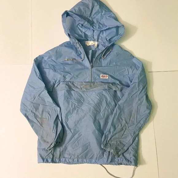 Vintage SOS Blue Windbreaker Size M 10/12 Kids Packable  Raincoat Jacket Unisex - Picture 1 of 12